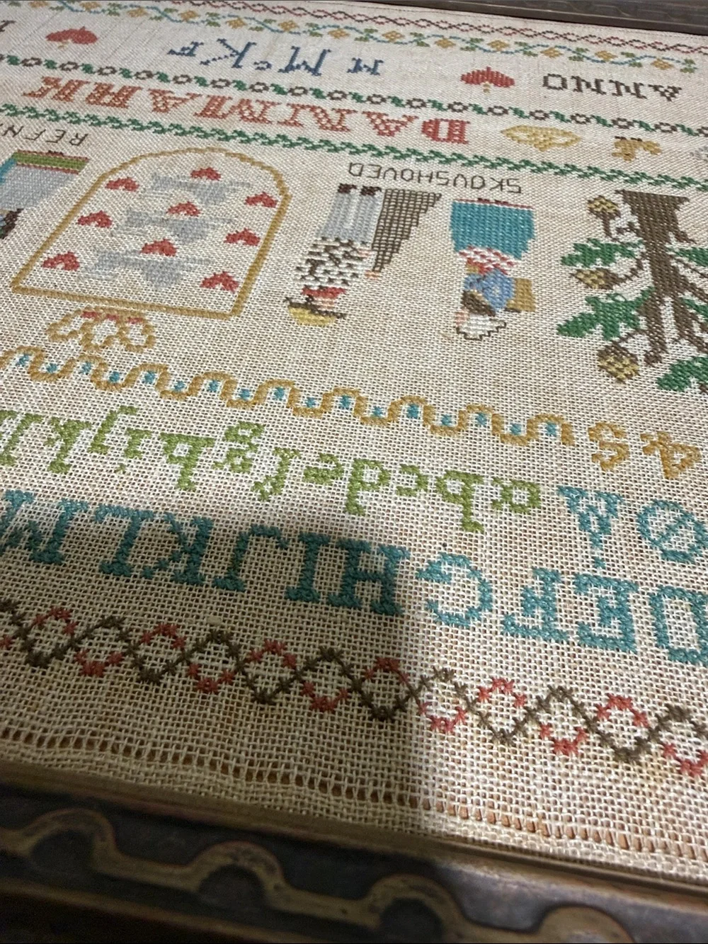Antique Framed Denmark Cross Stitch Sampler 1951